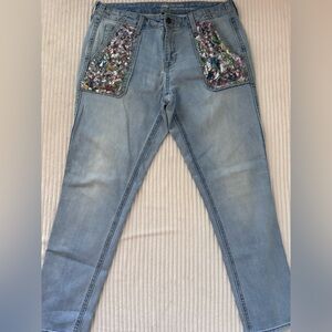 Vintage GAP Light Blue boyfriend Jeans by Christine with Acrylic art on pockets
